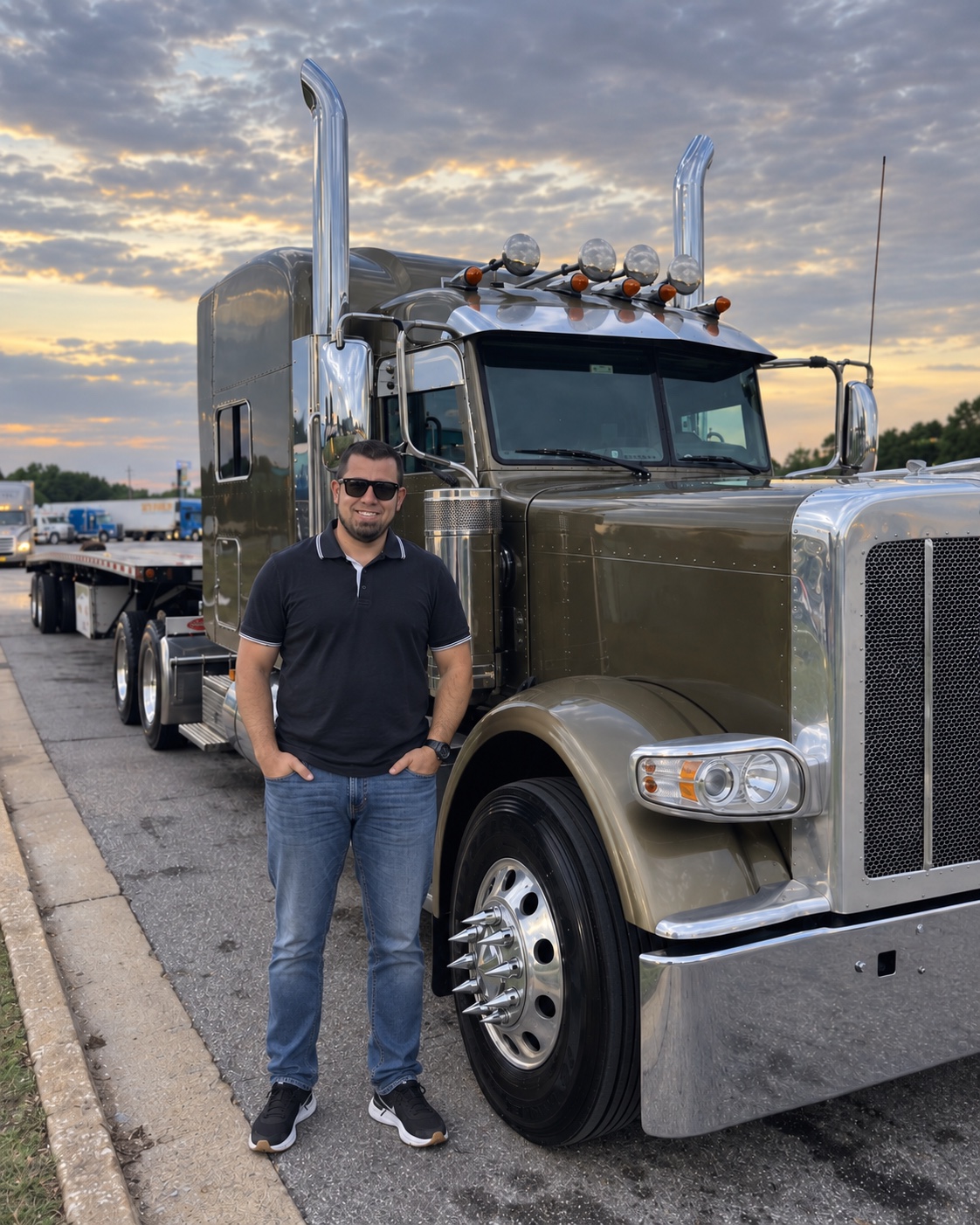 Alan Trucker standing beside a Peterbilt 389