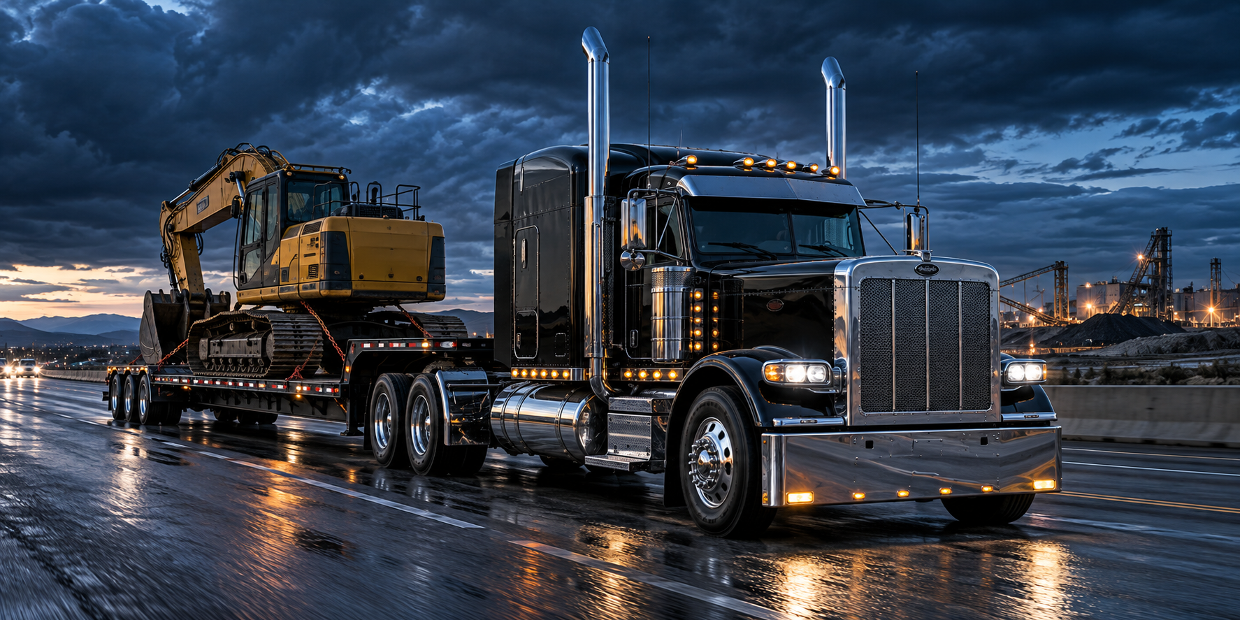 Black Peterbilt 389 hauling an excavator on a flatbed trailer at dusk